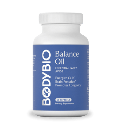 Bottle of BodyBio Balance Oil, essential fatty acids supplement, 60 softgels.
