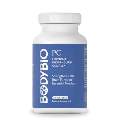 Bottle of BodyBio PC, liposomal phospholipid complex supplement, 60 softgels.