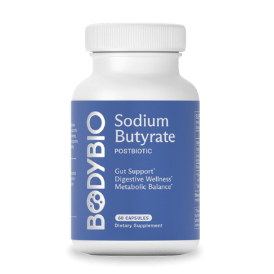 Bottle of BodyBio Sodium Butyrate, postbiotic supplement for gut and digestive support, 60 capsules.