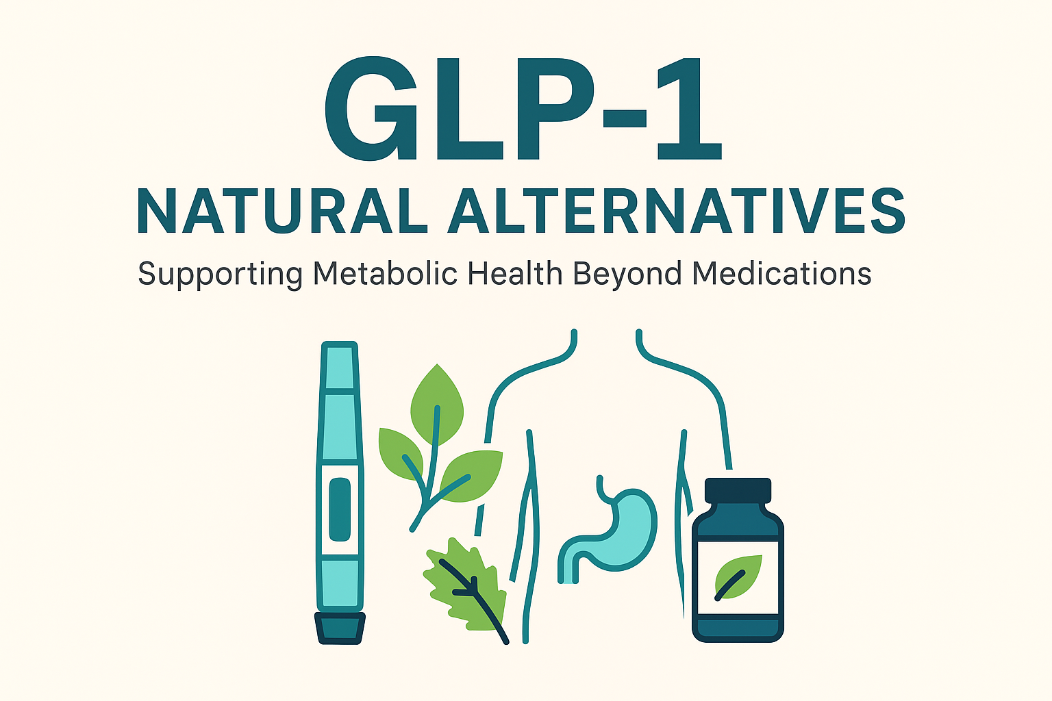 Illustration showing GLP-1 medication, human digestive system, supplement bottle, and plant leaves, representing natural metabolic health support alternatives.

