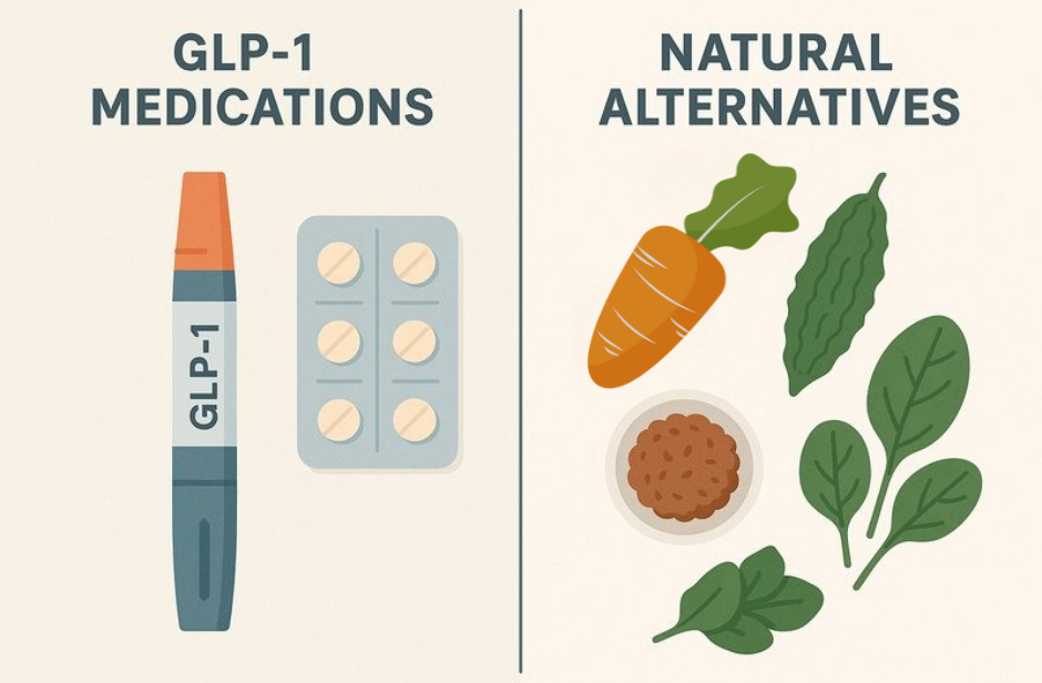 Infographic showing natural GLP-1 support supplements—berberine, bitter melon, chromium-rich foods like broccoli, and fiber sources such as oats and beans.