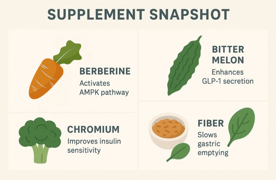 Infographic showing natural GLP-1 support supplements—berberine, bitter melon, chromium-rich foods like broccoli, and fiber sources such as oats and beans.