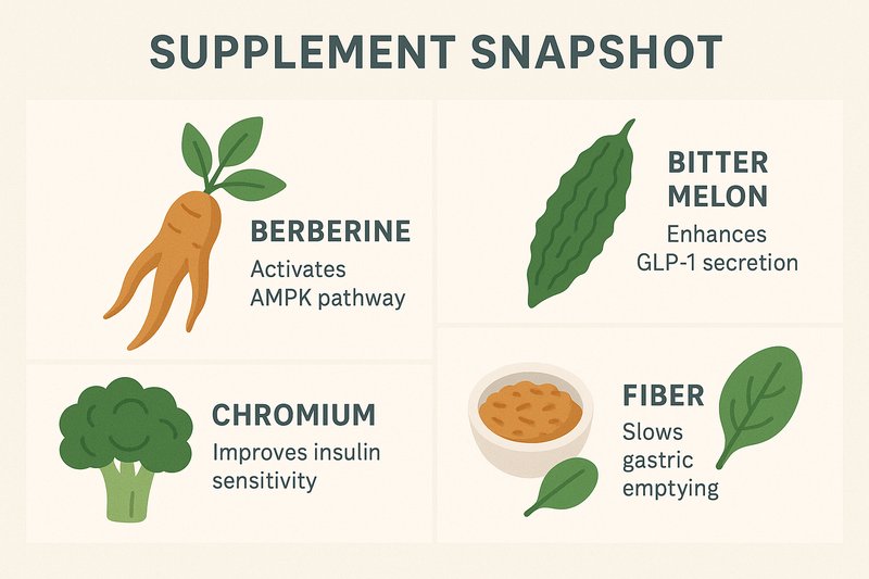 nfographic showing natural GLP-1 support supplements—berberine, bitter melon, chromium-rich foods like broccoli, and fiber sources such as oats and beans.
